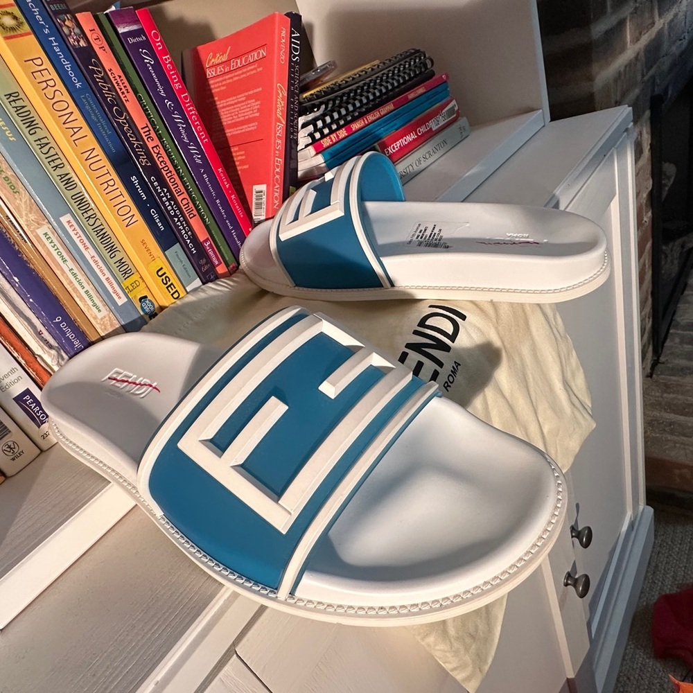 Fendi White & Teal FF Logo Slide Sandals